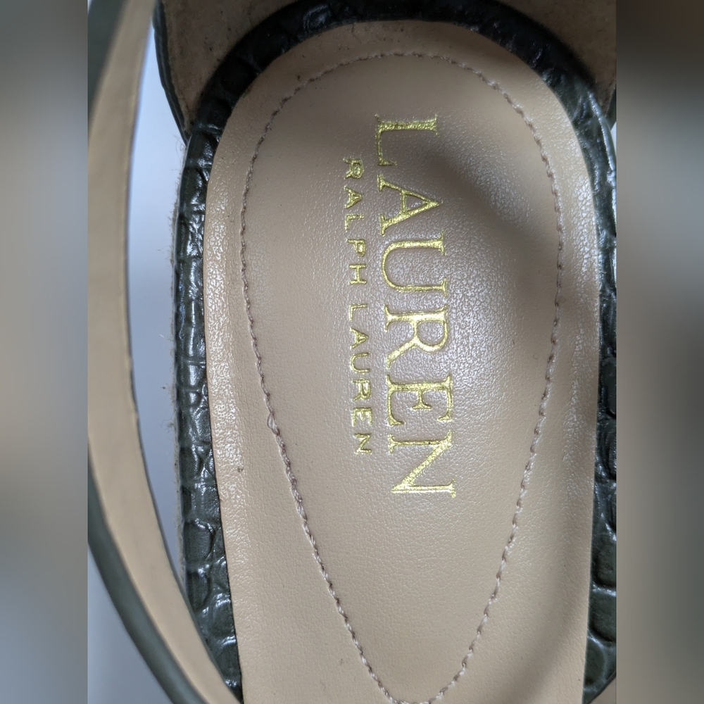 Ralph Lauren Hale Wedge T-Strap Open Toe Green Leather Sandals Size 10 B - Picture 10 of 10